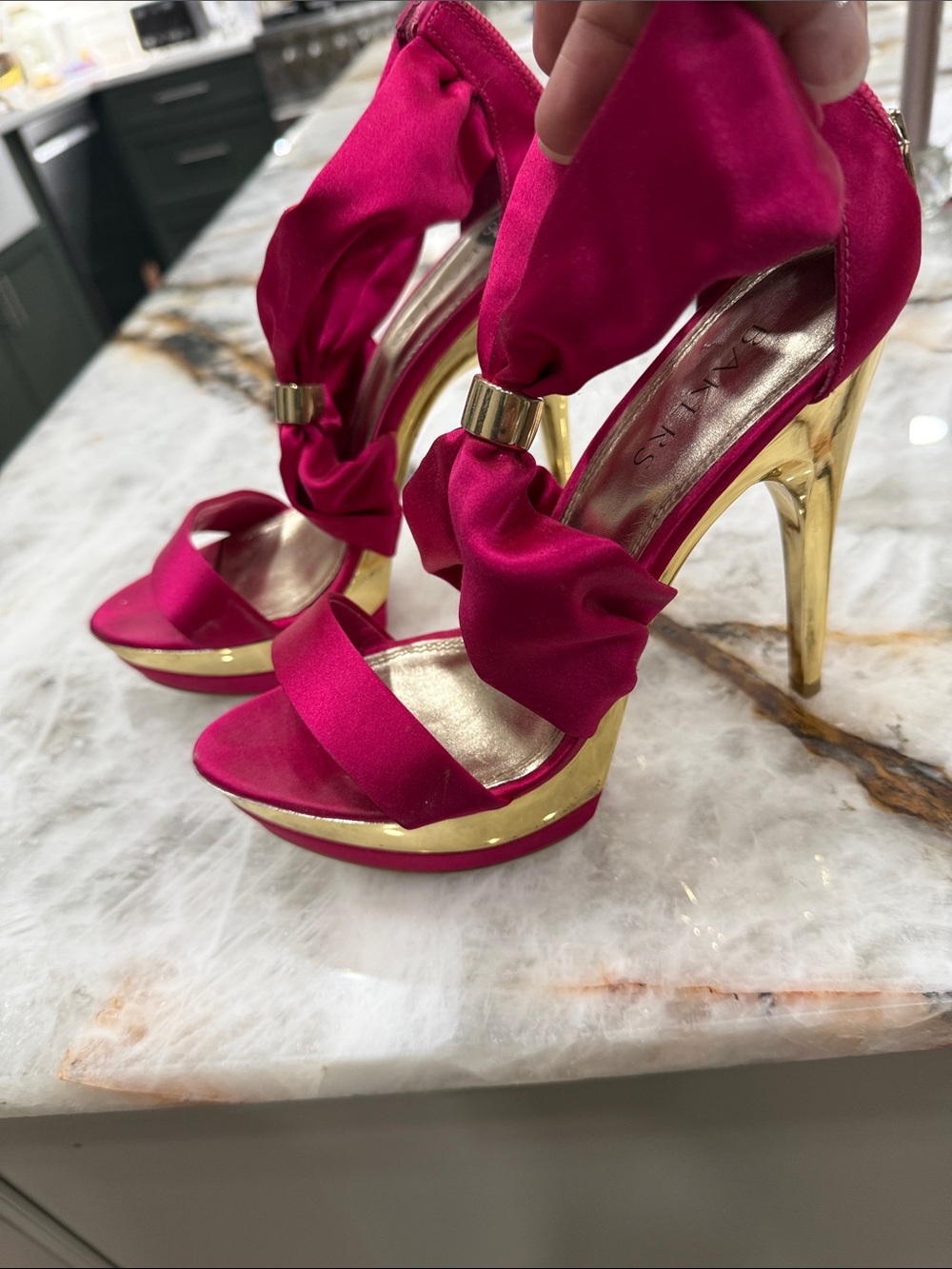 Bakers Hot Pink Satin Platform Heels with Gold Metallic Accents